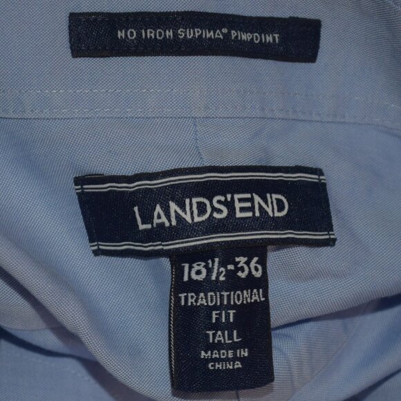 LANDS' END Men's 18.5 - 36T Traditional Fit No Iron Supima Pinpoint Dress Shirt - Picture 2 of 6